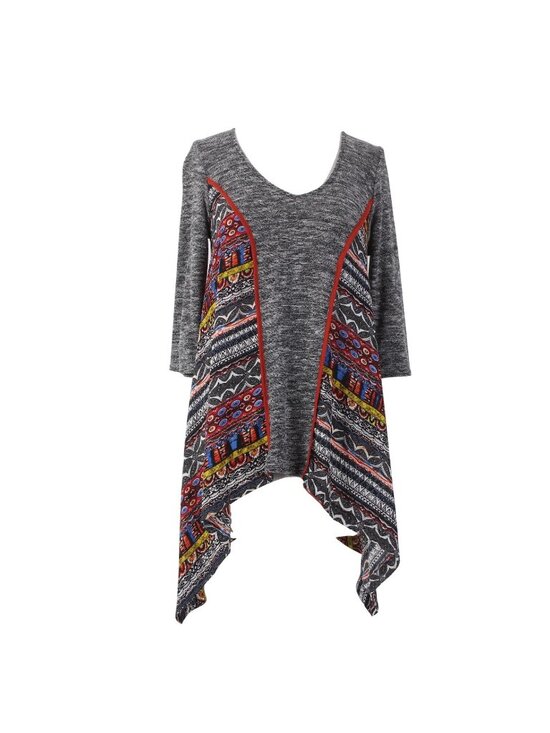 SZ Tops - Citron Top Poeme Sz M Black White Multi Colored Asymmetrical Poly Rayon Top